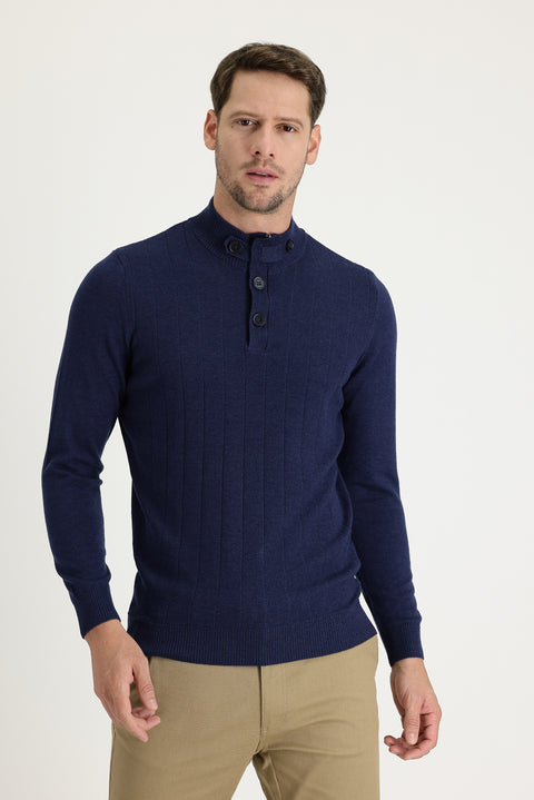 Medium Navy Melange Semi-Turtleneck Slim Fit Narrow Cut Patterned Cotton Knit Sweater