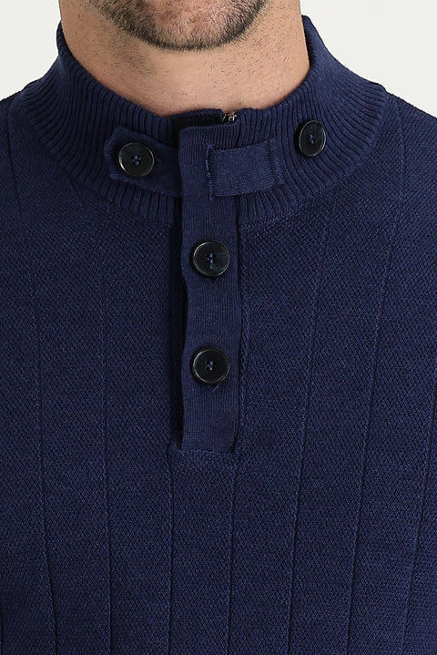 Medium Navy Melange Semi-Turtleneck Slim Fit Narrow Cut Patterned Cotton Knit Sweater