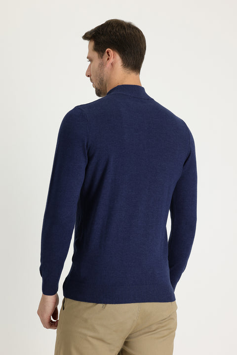 Medium Navy Melange Semi-Turtleneck Slim Fit Narrow Cut Patterned Cotton Knit Sweater