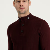 Dark Burgundy Semi-Turtleneck Slim Fit Narrow Cut Patterned Cotton Knit Sweater