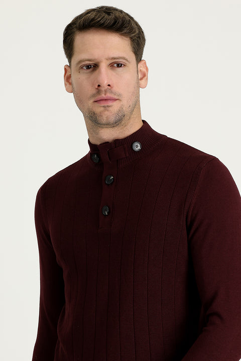 Dark Burgundy Semi-Turtleneck Slim Fit Narrow Cut Patterned Cotton Knit Sweater