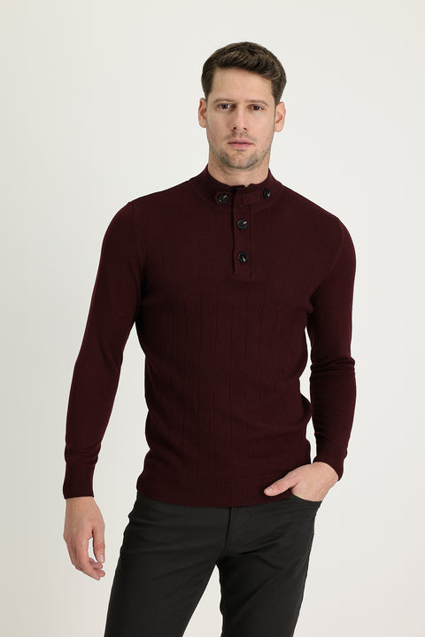 Dark Burgundy Semi-Turtleneck Slim Fit Narrow Cut Patterned Cotton Knit Sweater