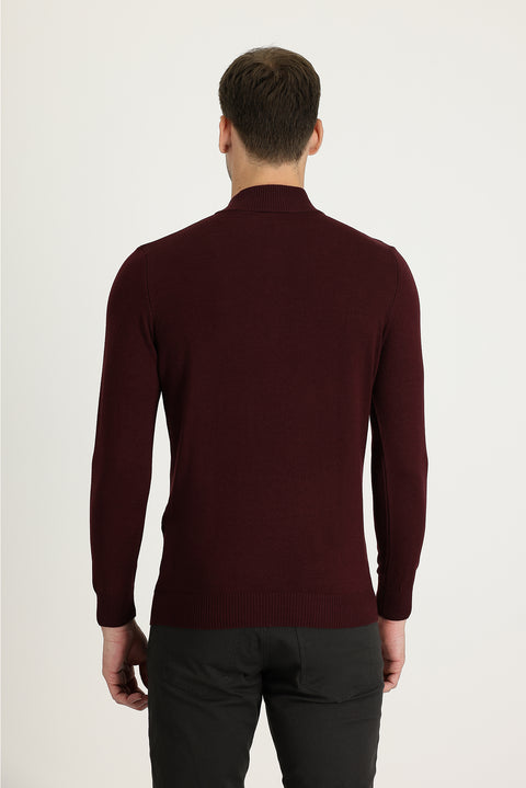 Dark Burgundy Semi-Turtleneck Slim Fit Narrow Cut Patterned Cotton Knit Sweater