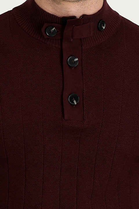 Dark Burgundy Semi-Turtleneck Slim Fit Narrow Cut Patterned Cotton Knit Sweater