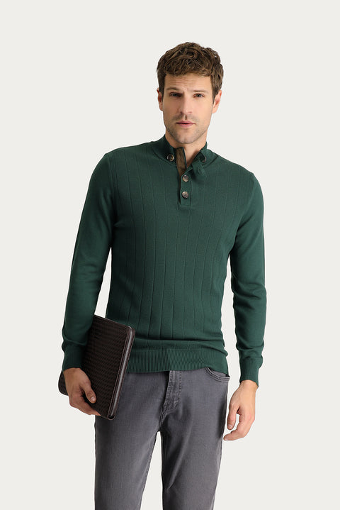 Forest Green Semi-Turtleneck Slim Fit Narrow Cut Patterned Cotton Knit Sweater