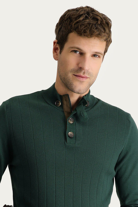 Forest Green Semi-Turtleneck Slim Fit Narrow Cut Patterned Cotton Knit Sweater