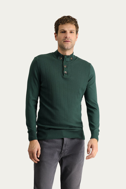 Forest Green Semi-Turtleneck Slim Fit Narrow Cut Patterned Cotton Knit Sweater