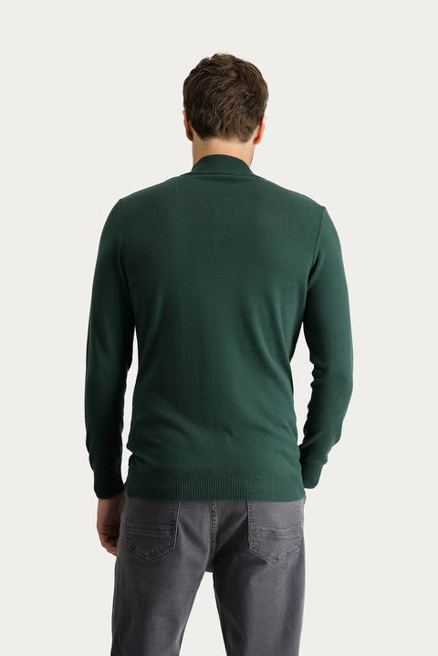 Forest Green Semi-Turtleneck Slim Fit Narrow Cut Patterned Cotton Knit Sweater
