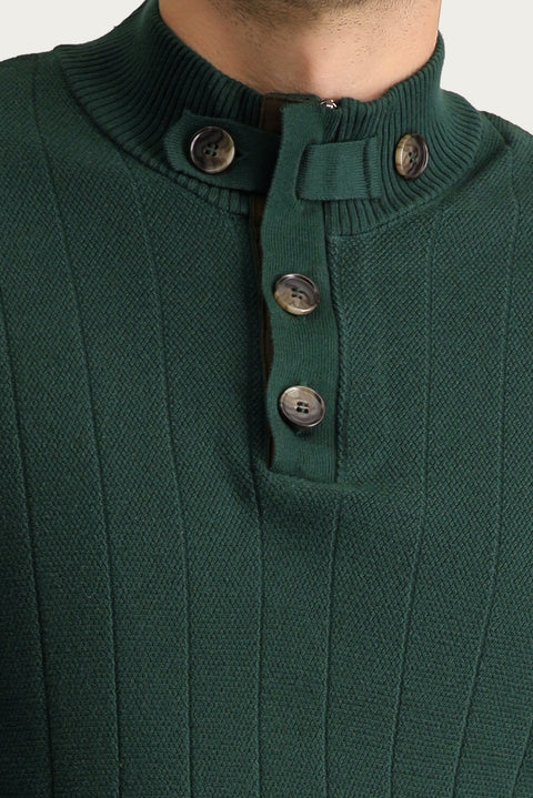 Forest Green Semi-Turtleneck Slim Fit Narrow Cut Patterned Cotton Knit Sweater
