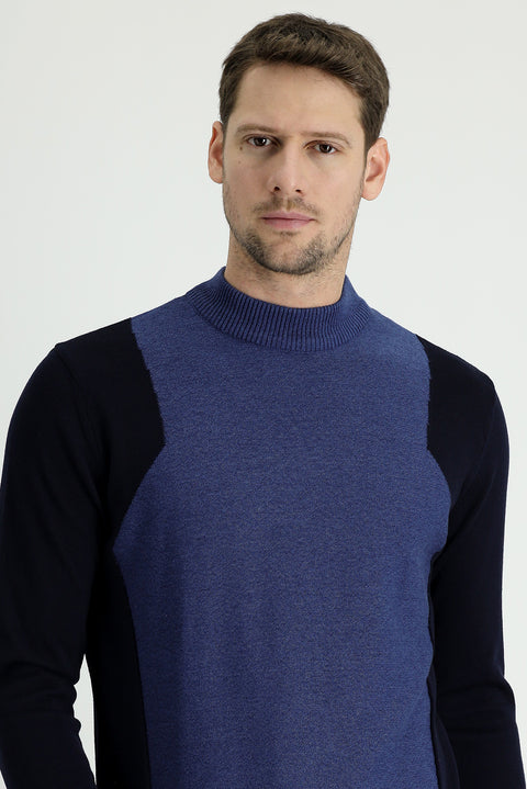 Dark Navy Semi-Turtleneck Regular Fit Patterned Knit Sweater