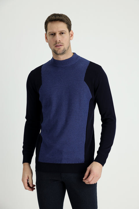 Dark Navy Semi-Turtleneck Regular Fit Patterned Knit Sweater
