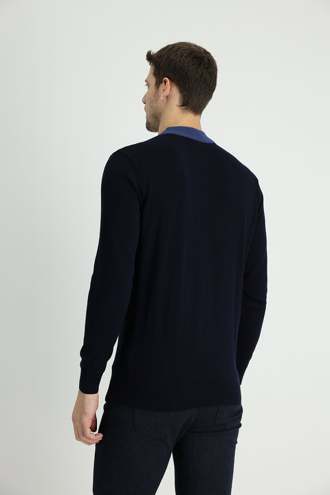 Dark Navy Semi-Turtleneck Regular Fit Patterned Knit Sweater