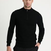 Black Semi-Turtleneck Slim Fit Narrow Cut Zip-Up Patterned Cotton Knit Sweater