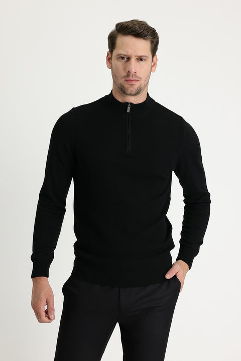 Black Semi-Turtleneck Slim Fit Narrow Cut Zip-Up Patterned Cotton Knit Sweater