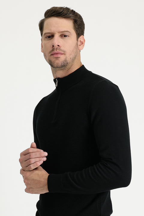 Black Semi-Turtleneck Slim Fit Narrow Cut Zip-Up Patterned Cotton Knit Sweater