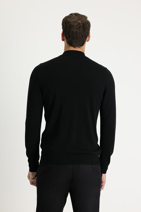 Black Semi-Turtleneck Slim Fit Narrow Cut Zip-Up Patterned Cotton Knit Sweater