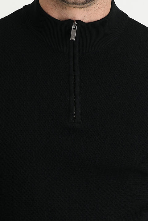 Black Semi-Turtleneck Slim Fit Narrow Cut Zip-Up Patterned Cotton Knit Sweater