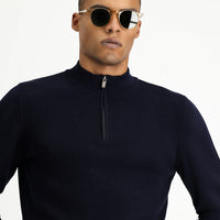 Dark Navy Semi-Turtleneck Slim Fit Narrow Cut Zip-Up Patterned Cotton Knit Sweater