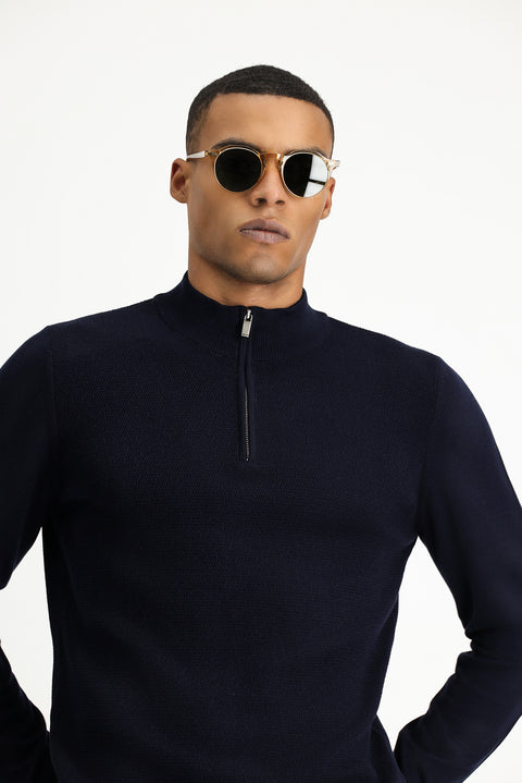 Dark Navy Semi-Turtleneck Slim Fit Narrow Cut Zip-Up Patterned Cotton Knit Sweater