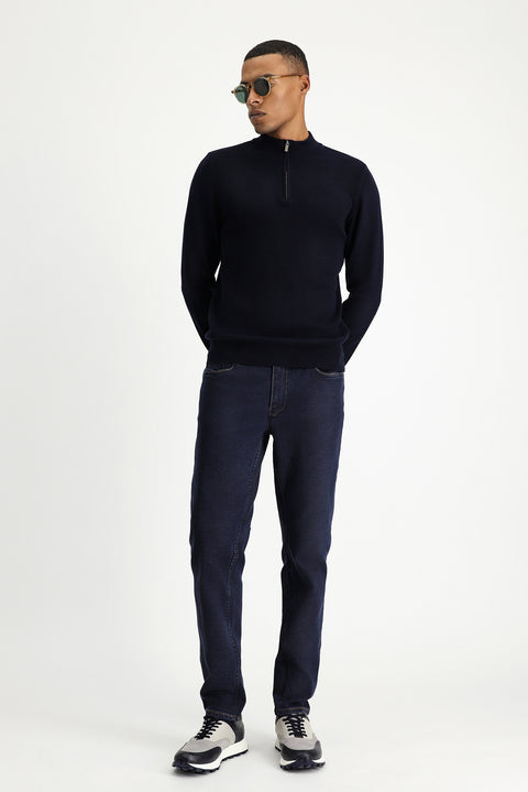 Dark Navy Semi-Turtleneck Slim Fit Narrow Cut Zip-Up Patterned Cotton Knit Sweater
