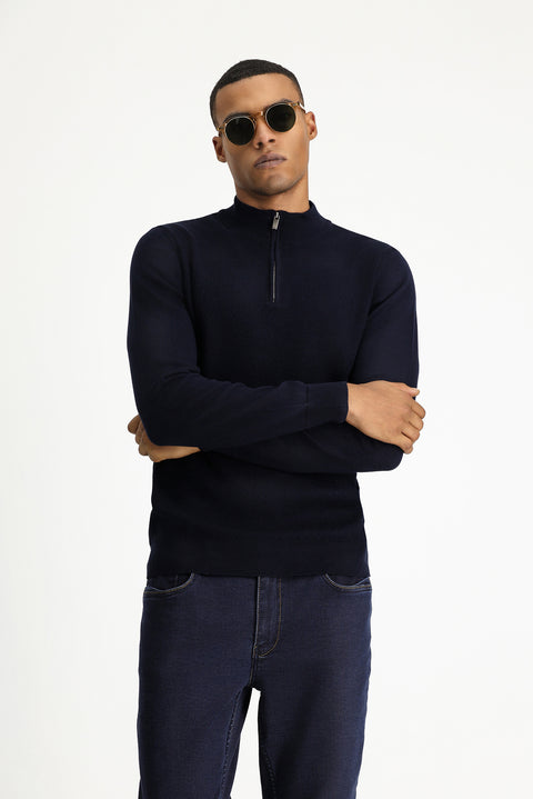 Dark Navy Semi-Turtleneck Slim Fit Narrow Cut Zip-Up Patterned Cotton Knit Sweater