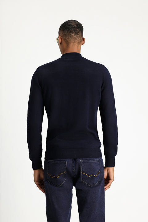 Dark Navy Semi-Turtleneck Slim Fit Narrow Cut Zip-Up Patterned Cotton Knit Sweater