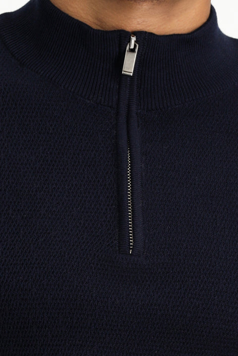 Dark Navy Semi-Turtleneck Slim Fit Narrow Cut Zip-Up Patterned Cotton Knit Sweater
