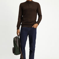 Dark Brown Semi-Turtleneck Slim Fit Narrow Cut Zip-Up Patterned Cotton Knit Sweater