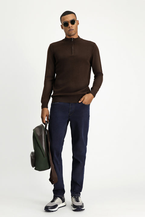 Dark Brown Semi-Turtleneck Slim Fit Narrow Cut Zip-Up Patterned Cotton Knit Sweater
