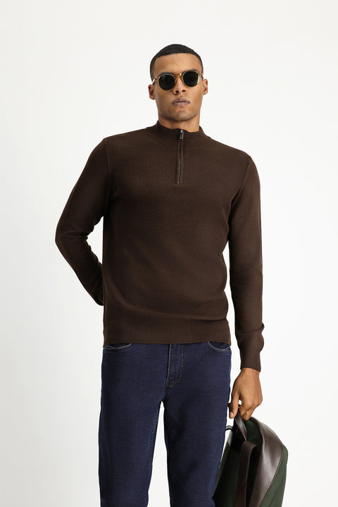 Dark Brown Semi-Turtleneck Slim Fit Narrow Cut Zip-Up Patterned Cotton Knit Sweater