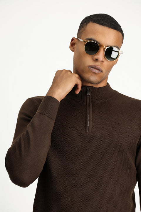 Dark Brown Semi-Turtleneck Slim Fit Narrow Cut Zip-Up Patterned Cotton Knit Sweater