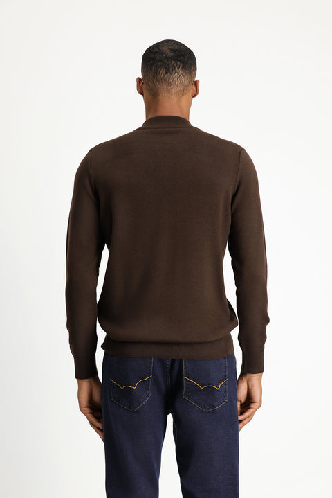 Dark Brown Semi-Turtleneck Slim Fit Narrow Cut Zip-Up Patterned Cotton Knit Sweater