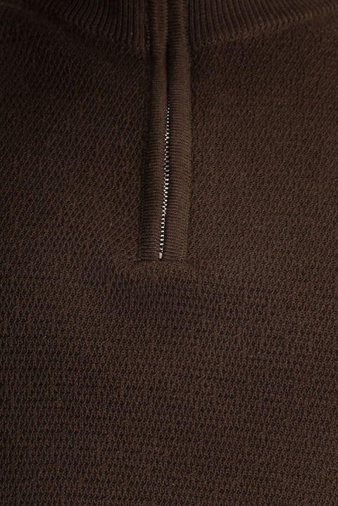 Dark Brown Semi-Turtleneck Slim Fit Narrow Cut Zip-Up Patterned Cotton Knit Sweater