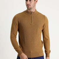 Camel Half Turtleneck Slim Fit Narrow Cut Zip-Up Patterned Cotton Knit Sweater