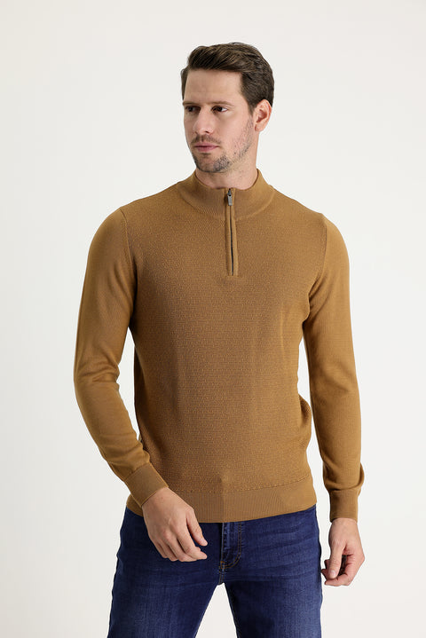 Camel Half Turtleneck Slim Fit Narrow Cut Zip-Up Patterned Cotton Knit Sweater