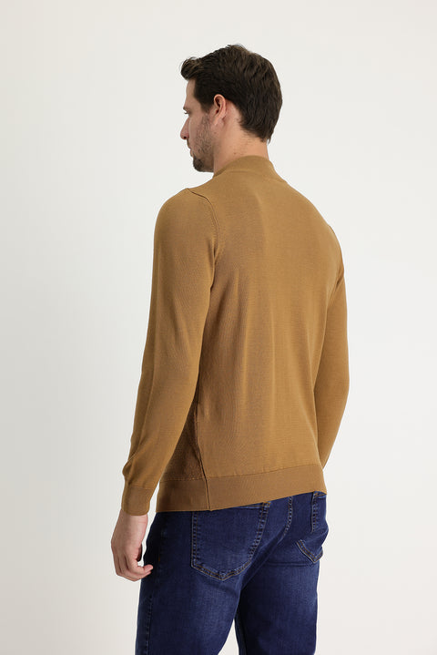 Camel Half Turtleneck Slim Fit Narrow Cut Zip-Up Patterned Cotton Knit Sweater