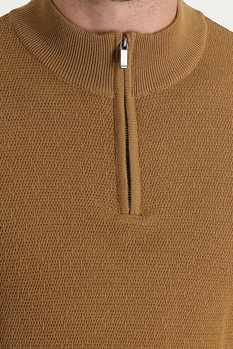 Camel Half Turtleneck Slim Fit Narrow Cut Zip-Up Patterned Cotton Knit Sweater