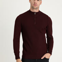 Dark Burgundy Semi-Turtleneck Slim Fit Narrow Cut Zip-Up Patterned Cotton Knit Sweater
