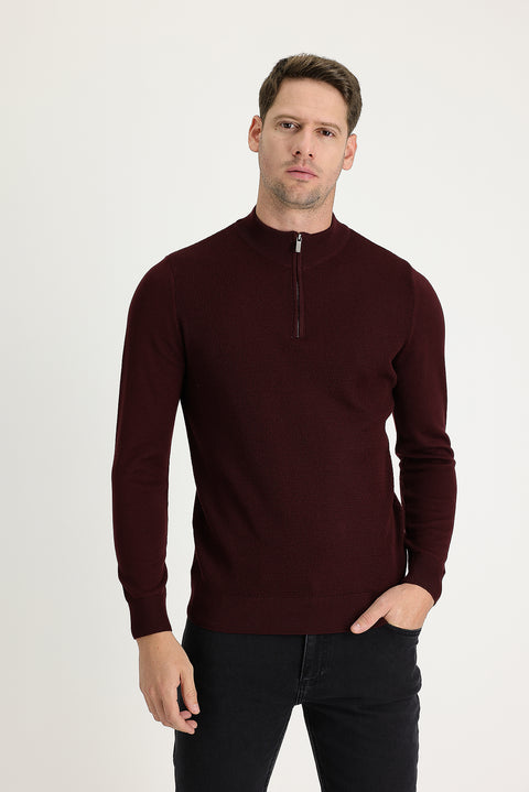 Dark Burgundy Semi-Turtleneck Slim Fit Narrow Cut Zip-Up Patterned Cotton Knit Sweater