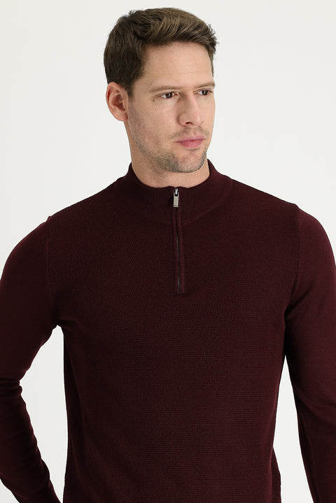 Dark Burgundy Semi-Turtleneck Slim Fit Narrow Cut Zip-Up Patterned Cotton Knit Sweater