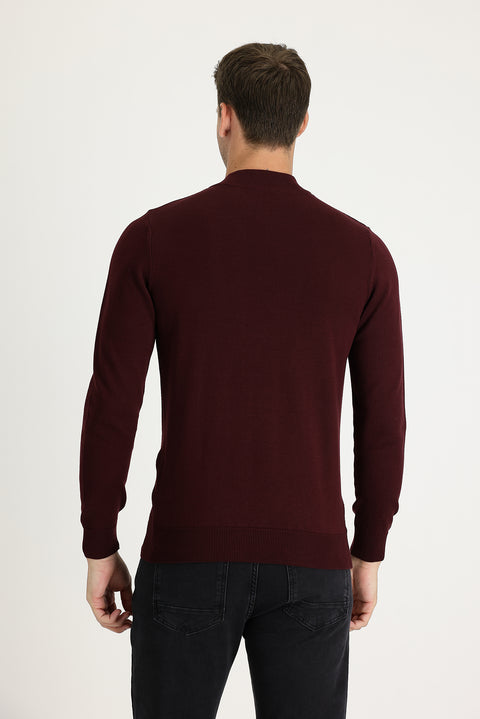 Dark Burgundy Semi-Turtleneck Slim Fit Narrow Cut Zip-Up Patterned Cotton Knit Sweater