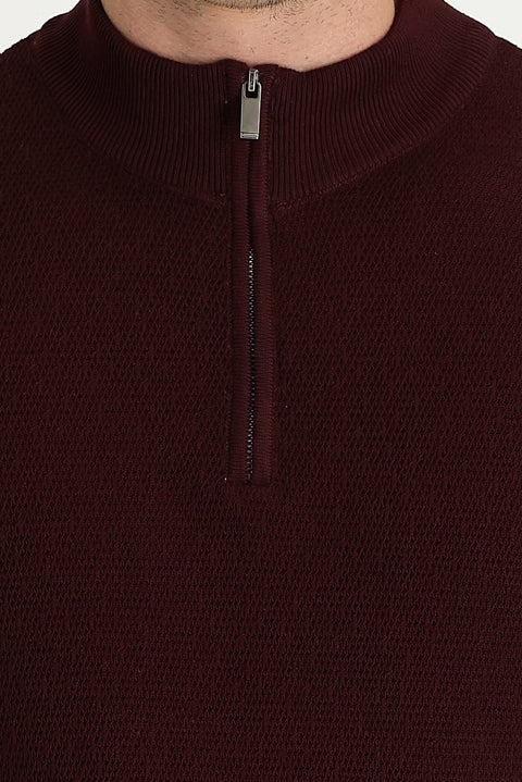 Dark Burgundy Semi-Turtleneck Slim Fit Narrow Cut Zip-Up Patterned Cotton Knit Sweater