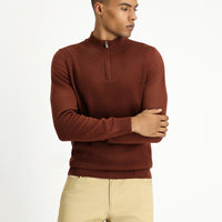 Tile-colored Semi-Turtleneck Slim Fit Narrow Cut Zip-Up Patterned Cotton Knit Sweater