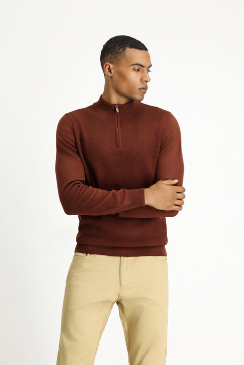 Tile-colored Semi-Turtleneck Slim Fit Narrow Cut Zip-Up Patterned Cotton Knit Sweater