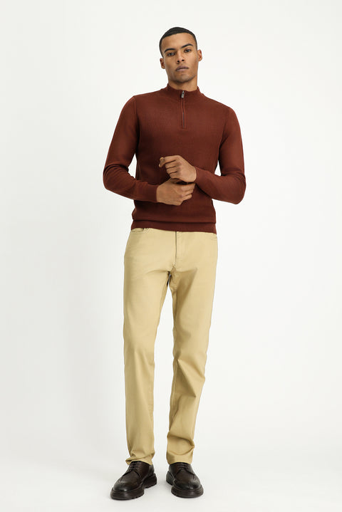 Tile-colored Semi-Turtleneck Slim Fit Narrow Cut Zip-Up Patterned Cotton Knit Sweater