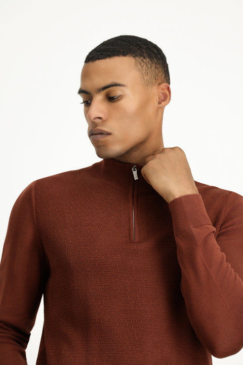 Tile-colored Semi-Turtleneck Slim Fit Narrow Cut Zip-Up Patterned Cotton Knit Sweater