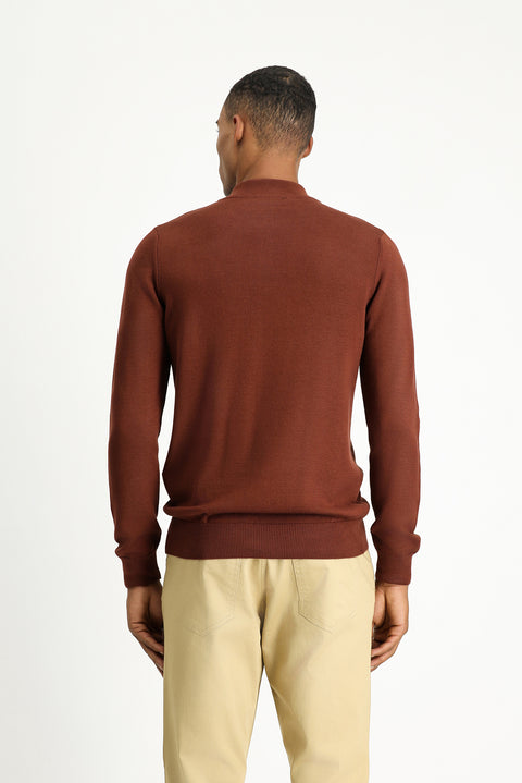 Tile-colored Semi-Turtleneck Slim Fit Narrow Cut Zip-Up Patterned Cotton Knit Sweater