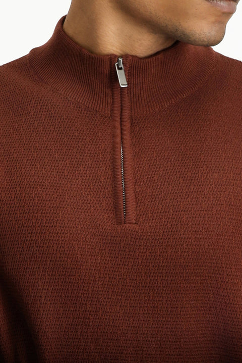 Tile-colored Semi-Turtleneck Slim Fit Narrow Cut Zip-Up Patterned Cotton Knit Sweater