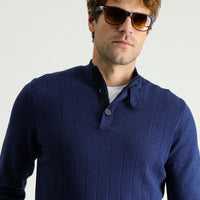 Medium Navy Melange Semi-Turtleneck Slim Fit Narrow Cut Zip-Up Patterned Cotton Knit Sweater