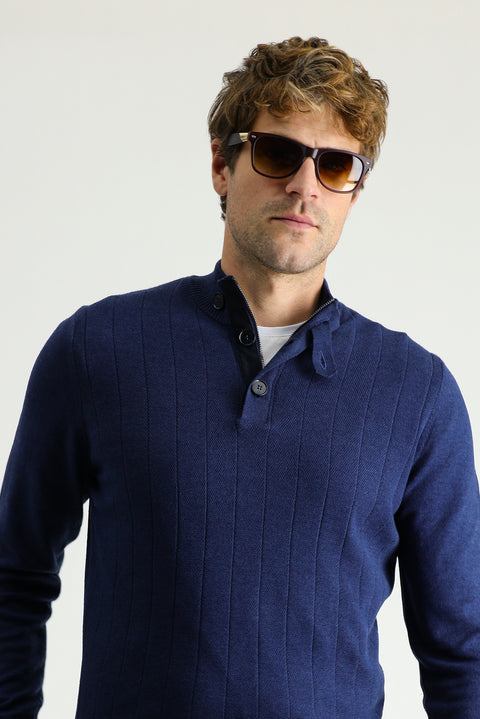 Medium Navy Melange Semi-Turtleneck Slim Fit Narrow Cut Zip-Up Patterned Cotton Knit Sweater